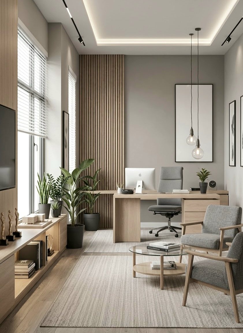 Home office with bespoke desk, concealed storage and full-height glazing