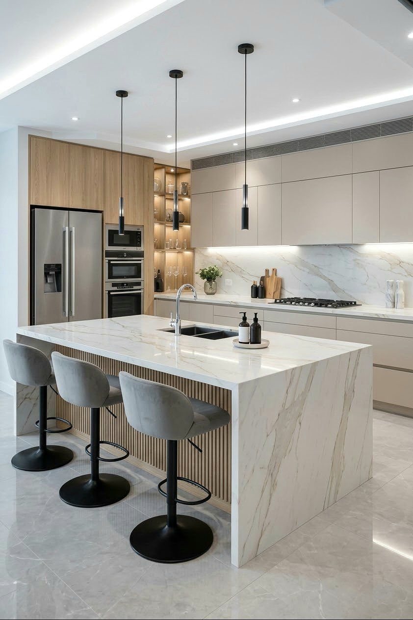 Kitchen with marble waterfall island and integrated appliances