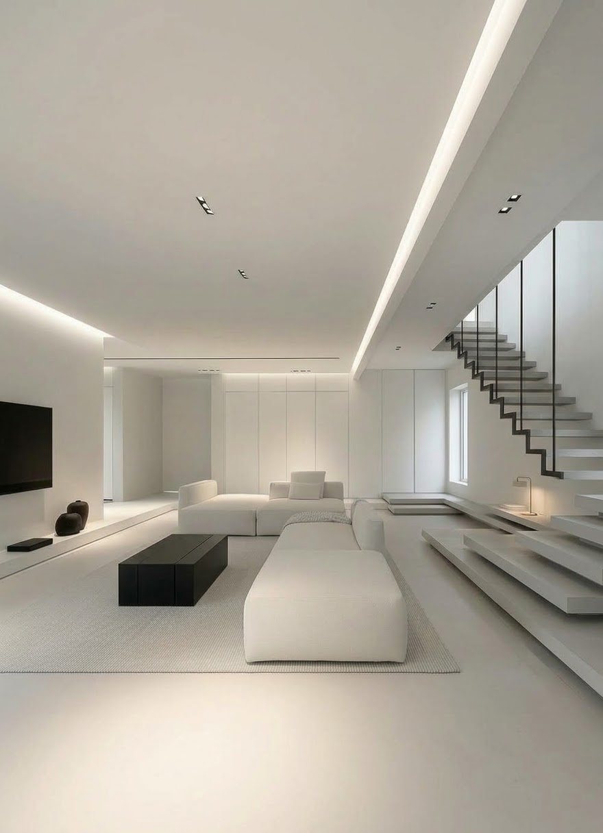 Living room with the sculptural open-riser staircase