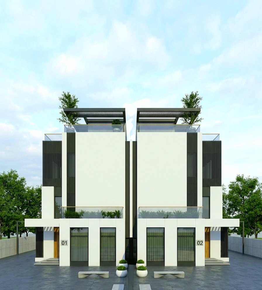Twin front elevation of Units 01 and 02